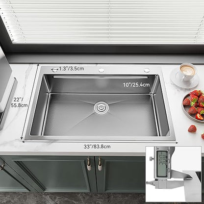 YITAHOME Drop In Kitchen Sink Workstation with Pull-down Faucet, 304 Stainless Steel Single Bowl Top Mount Sink w/Ledge & Accessories, Honeycomb Surface Design, 33 x 22 x 10 in, Silver