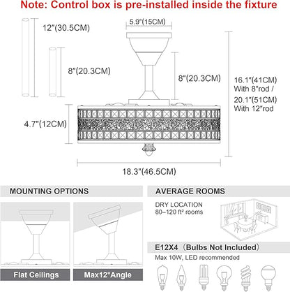 Fandelier Ceiling Fan with Light, Crystal French Glam Chandelier Fan, Decorative Bladeless Enclosed Caged Pendant Light Fixture for Girls Room, Bedroom, Dining Room, Kitchen Island