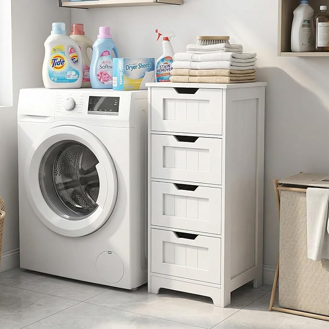 Casaphoria Skinny Bathroom Floor Storage Cabinet, 4-Drawer Narrow Freestanding Tower Cabinet with Anti-Tip Kit, Space-Saving Wooden Organizer for Small Spaces, White