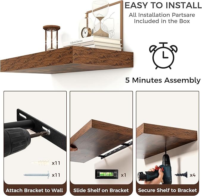 Venusmiles Floating Shelves for Wall, 48" W x 12" D x 2" H, 2 Pack of Long Wall Mounted Engineered Wood Shelves with Invisible Brackets for Living Room, Bedroom, Bathroom, Kitchen Decor, Brown