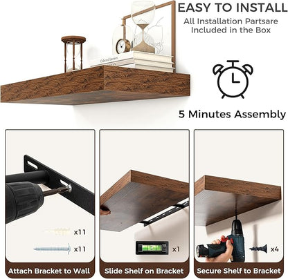 Venusmiles Floating Shelves for Wall, 55 Inch Wide x 12 Inch Deep Floating Shelves, Long Wood Floating Wall Shelf Shelves for Living Room Bathroom Bedroom Kitchen Home - (Brown, 55" W x 12" D x 2" H)