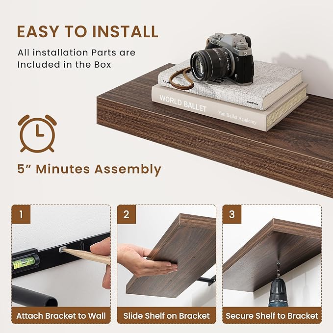 fuqing Floating Shelves for Wall, Wall Mounted Wood Floating Shelf with Invisible Brackets for Living Room, Bathroom, Bedroom, Kitchen Storage and Decor, 55 Inch Set of 2, Walnut
