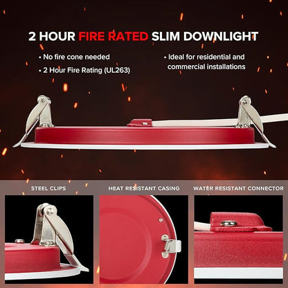 Maxxima 6 in. 2 Hour Fire Rated Ultra Thin LED Downlight, Slim Recessed Canless Light, IC Rated, 1100 Lumens, 5 Color Temperature Selectable 2700K/3000K/3500K/4000K/5000K, Dimmable, J-Box Included