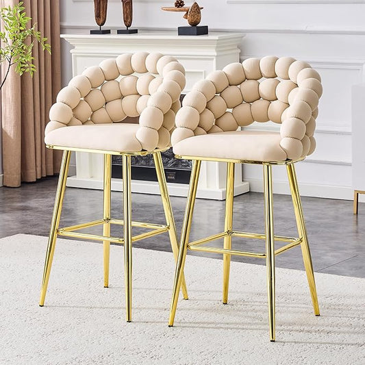 Set of 2 Beige Puffy Bubble Chair Ball Chain Chair Velvet Bar Stools with Gold Legs, Tufted Accent Bar Chairs for Kitchen Island Home Bar