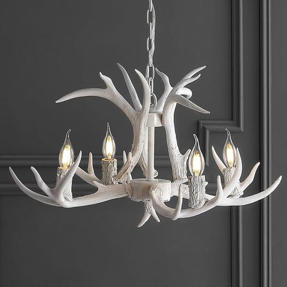 JONATHAN Y 26" White Rustic Resin Antler 4-Light LED Chandelier, Farmhouse Faux Deer Horn Hanging Ceiling Light for Dining Room, Kitchen Island, Adjustable Light Fixture (JYL6301B)