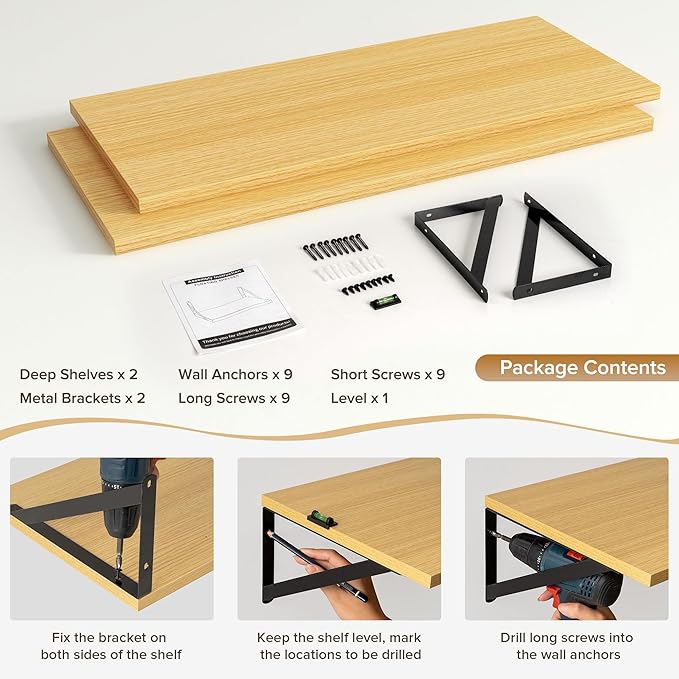 Acovy Deep Floating Shelves Wall Mounted, 30"x12" Oak Wall Shelves with Brackets Set of 2 for Bedroom, Living Room, Bathroom, Kitchen, Office - Storage & Display Shelf for Decor, Books, Plants
