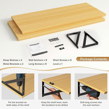 Acovy Deep Floating Shelves Wall Mounted, 30"x12" Oak Wall Shelves with Brackets Set of 2 for Bedroom, Living Room, Bathroom, Kitchen, Office - Storage & Display Shelf for Decor, Books, Plants