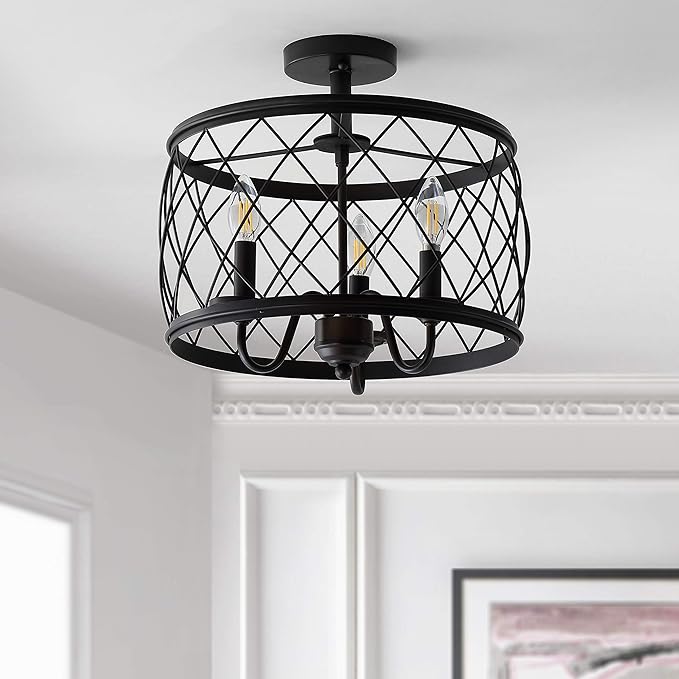 JONATHAN Y 15" Oil Rubbed Bronze LED Semi Flush Mount Ceiling Light, 3-Light Modern Industrial Drum Fixture for Bedroom Living Room Hallway, Gold Metal Cage Shade (JYL9037B)