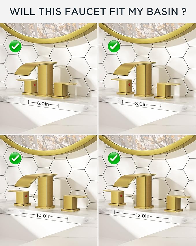 FORIOUS Brushed Gold Bathroom Faucets 3 Hole, Waterfall Square 8 Inch Widespread Bathroom Sink Faucet with Metal Pop-up Drain and Supply Lines, Two Handles for Vanity, Bath, Farmhouse