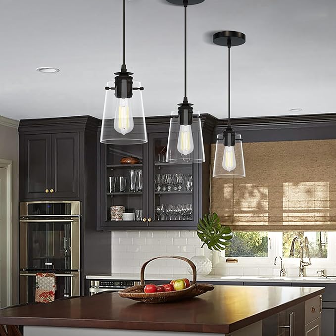 3Pack Pendant Lights Kitchen Island, Modern Industrial Pendant Light Fixtures with Glass Shade, E26 Socket Adjustable Cord for Dining Room, Bedroom, Living Room, Farmhouse Pendant Lighting