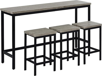 Merax 4-Piece Counter Height Extra Long Dining Table Set with 3 Stools and Side Table with Footrest Pub Kitchen Set,Grey