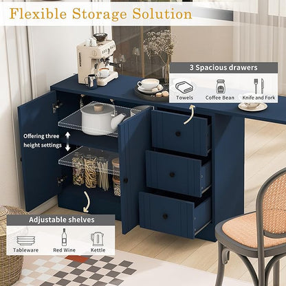JIJIWANG 89.7'' Wooden Sideboard with Extendable Table,Multifunctional Storage Kitchen Island with 2 Doors and 3 Drawers,for Living Room,Study,Foyer and Kitchen, Navy Blue