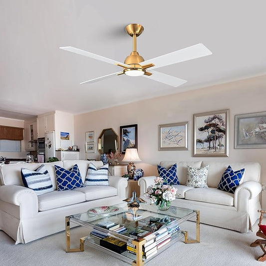 48 Inch White Gold Ceiling Fan with Light and Remote, Quiet Reversible DC Motor, 6-Speed Modern Ceiling Fan for Bedroom, Living Room, Dining Room, Small Spaces, LED Dual Color Lighting, ETL Certified