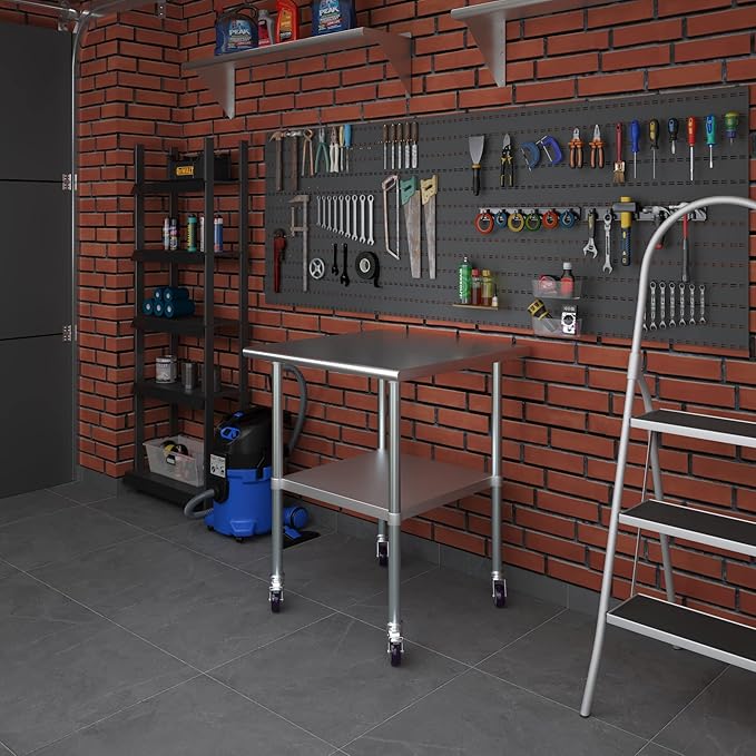 Stainless Steel Work Table with Wheels | NSF Kitchen Island Food Prep | Laundry Garage Utility Bench (Table + Wheels, 30" Long x 30" Deep)