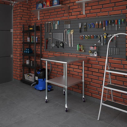 Stainless Steel Work Table with Wheels | NSF Kitchen Island Food Prep | Laundry Garage Utility Bench (Table + Wheels, 30" Long x 30" Deep)