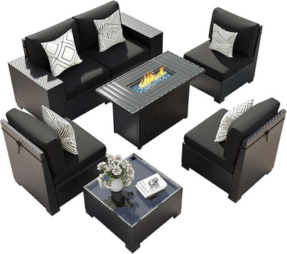 7 Piece Patio Furniture Set with Fire Pit Table, Outdoor Sectional Conversation Sets Black Wicker Rattan Sofa with Coffee Table for Patio Garden Backyard, 4'' Thickened Cushion Black