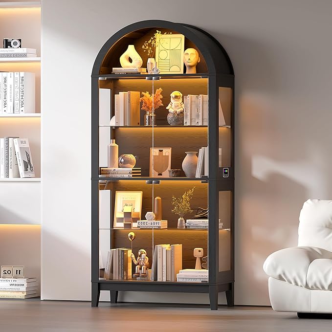 HNEBC Arched Book Shelf with Glass Doors, LED Bookcase with RGB Lights, 5 Tier Cabinet Has 9-Cube Storage, 69" Display Cabinet for Living Room,Bedroom(Black)