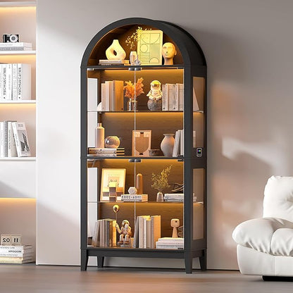 HNEBC Arched Book Shelf with Glass Doors, LED Bookcase with RGB Lights, 5 Tier Cabinet Has 9-Cube Storage, 69" Display Cabinet for Living Room,Bedroom(Black)