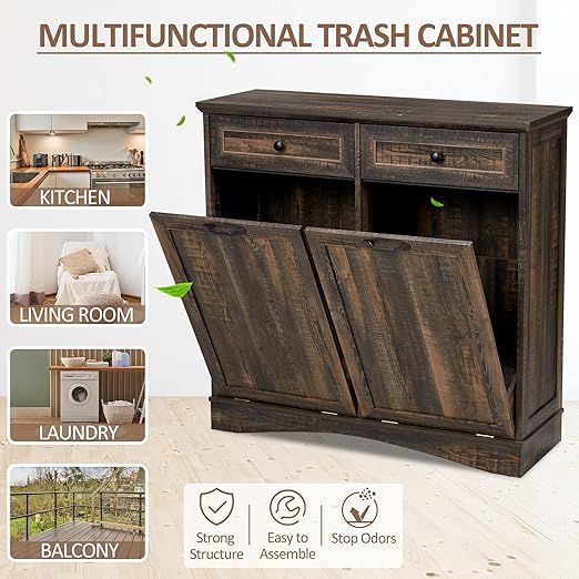 Double Tilt Out Trash Cabinet Freestanding Wooden Garbage Can Cabinet with Hideaway Drawers, 2x13 Gallons Pet Proof Garbage Can Holder for Kitchen Living Room, Rustic Brown
