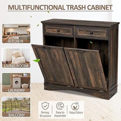 Double Tilt Out Trash Cabinet Freestanding Wooden Garbage Can Cabinet with Hideaway Drawers, 2x13 Gallons Pet Proof Garbage Can Holder for Kitchen Living Room, Rustic Brown