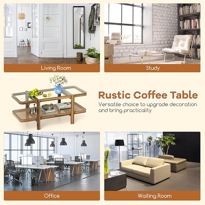 Tangkula Rattan Coffee Table, 47.5”L Boho Cocktail Tables, 2-Tier Center Table with Tempered Glass Tabletop, PE Rattan Shelf & Acacia Wood Frame, Mid Century Modern Tea Table for Living Room (Natural)