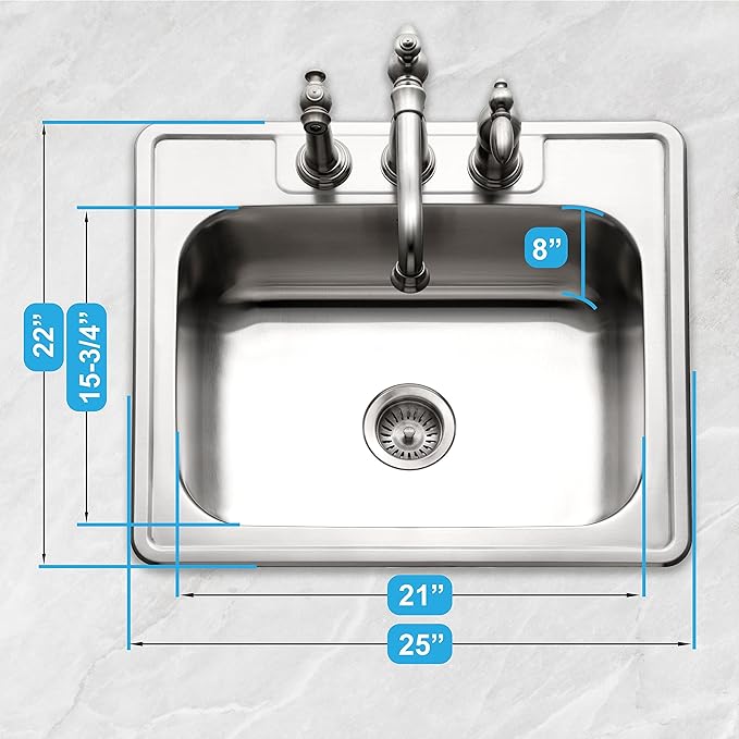 Houzer Stainless Steel 2522-8BS3-1 Glowtone Series Kitchen Sink - 25" Topmount Drop In Multipurpose Sink, Single Bowl Basin, 3 Hole, Ideal for Workstation, RV, Outdoor Kitchen, or Bar