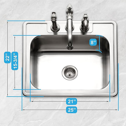 Houzer Stainless Steel 2522-8BS3-1 Glowtone Series Kitchen Sink - 25" Topmount Drop In Multipurpose Sink, Single Bowl Basin, 3 Hole, Ideal for Workstation, RV, Outdoor Kitchen, or Bar