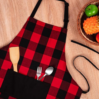 Jubatus 1 Pack Buffalo Check Apron with 2 Pockets Adjustable Bib Chef Kitchen Aprons for Men and Women, Red & Black