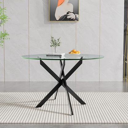Black Glass Dining Table for 6 Modern 47.3" Round Kitchen Dining Room Table for 4-6 with X-Shape Metal Base Large Clear Glass Top Dining Tables for Home Kitchen