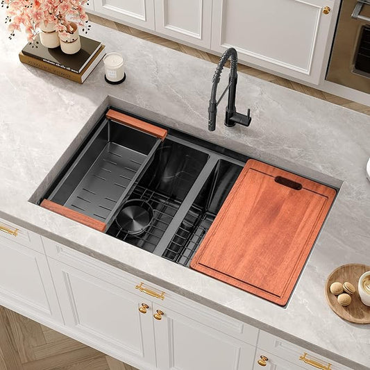 31 Inch Black Sink Undermount Double Bowl, 16 Gauge 50/50 Double Bowl Stainless Steel Workstation Sink, 31"x18"x9" Large and Deep Kitchen Sink With Accessories