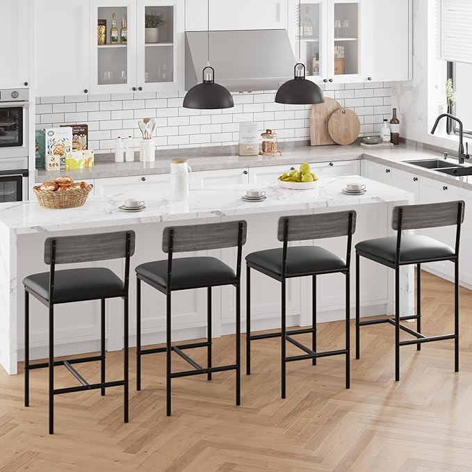 TrailBlaze Bar Stools Set of 4, 25.5'' Counter Height PU Upholstered Barstools with Backrest & Footrest, Modern Metal Legs - Kitchen Island, Dining Room, Apartment - Easy Assembly - Rustic Grey