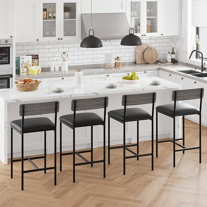TrailBlaze Bar Stools Set of 4, 25.5'' Counter Height PU Upholstered Barstools with Backrest & Footrest, Modern Metal Legs - Kitchen Island, Dining Room, Apartment - Easy Assembly - Rustic Grey
