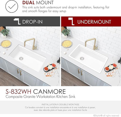Stylish 32 x 18 Inch Composite Granite Workstation Kitchen Sink, Single Bowl Under Mount & Drop in, 9.5 in Deep, with Cutting Board, Roll-Up Drying Rack, Colander & Strainer, White, S-832WH