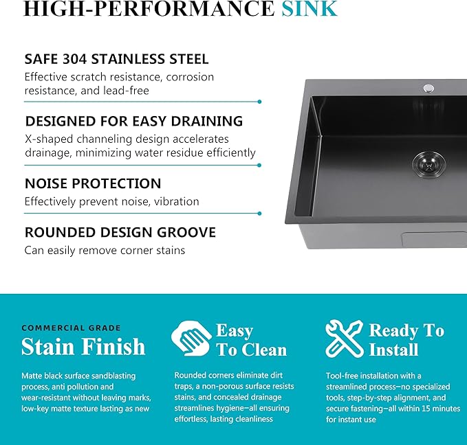 Comllen 28x18 inch Stainless Steel Black Drop In Kitchen Sink,28 Inch Topmount Sinks,16 Gauge 9 Inch Deep Single T304 Single Bowl Kitchen Sink With Strainer