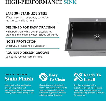 Comllen 28x18 inch Stainless Steel Black Drop In Kitchen Sink,28 Inch Topmount Sinks,16 Gauge 9 Inch Deep Single T304 Single Bowl Kitchen Sink With Strainer