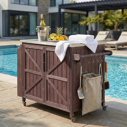 JIJIWANG 42.1" Outdoor Kitchen Island with Stainless Steel Top and Side Shelf, Outdoor Grill Cart with Storage Cabinet and Adjustable Shelves, Kitchen Cart on Wheels for Small Spaces Dark Brown