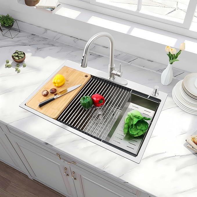 Herogo 33x22Inch Drop In Kitchen Sink, 18/10 Stainless Steel Topmount Handmade 10'' Deep Single Bowl Kitchen Workstaion Sink with 5 Accessories