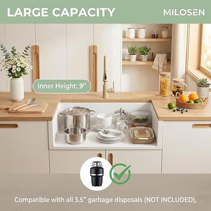 MILOSEN White Undermount Kitchen Sink, 30"x18" Granite Composite Single Bowl Kitchen Sinks, 9" Deep Large Undermount/Drop In Sink with Gold Accessories, White Quartz Kitchen Sinks for Modern Kitchen