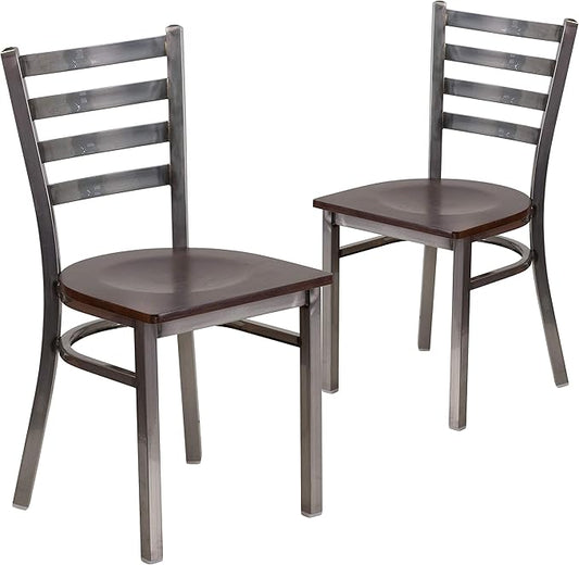 Flash Furniture 2 Pack HERCULES Series Clear Coated Ladder Back Metal Restaurant Chair - Walnut Wood Seat
