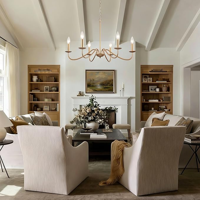 6-Light Gold Chandelier, 27.5'' Modern Farmhouse Dining Room Light Fixture Over Table, Rustic Vintage Candle Chandeliers Gold Hanging Lighting Fixtures for Foyer Entryway Living Room Bedroom Kitchen