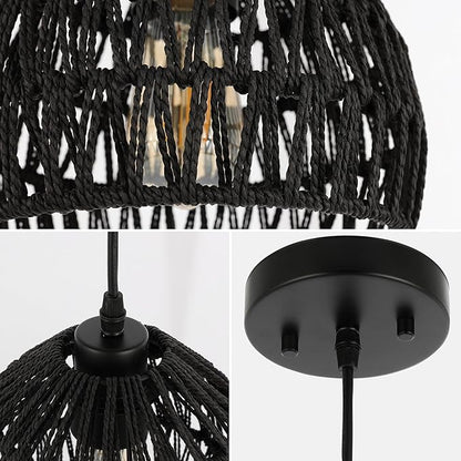 JONATHAN Y 10.25" Black Modern Bohemian Woven Rope LED Pendant Light Fixture, Adjustable Dome Ceiling Lamp for Kitchen Island, Rope Shade, Coastal Farmhouse Decor (JYL6513B)
