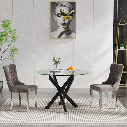 Henf 36" Round Dining Table with Black Metal Legs, Glass Kitchen Table for 2-4 People, Round Glass Dining Room Table for Small Space, Easy Assembly Circular Side Desk