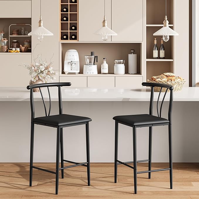 IDEALHOUSE 25.2" Bar Stools Set of 2 with Wide PU Upholstered Seat, Counter Height Bar Stools Set with Footrest & Curved Back, Metal Barstools Set for Kitchen Islands, Counter Bars, Black