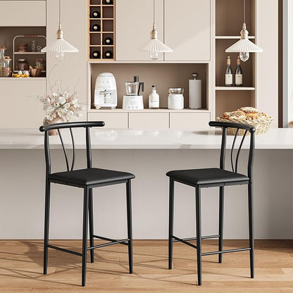 IDEALHOUSE 25.2" Bar Stools Set of 2 with Wide PU Upholstered Seat, Counter Height Bar Stools Set with Footrest & Curved Back, Metal Barstools Set for Kitchen Islands, Counter Bars, Black