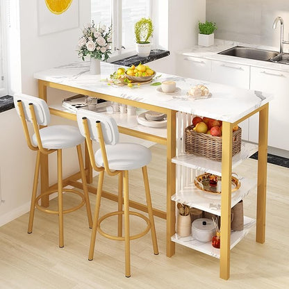 Lamerge Furniture Kitchen Bar Height Table and Chairs for 2, 5-Tier Compact Dining Room Table, White Faux Marble Top and 2 PU Leather Upholstered Seat, Modern Diningroom Set for Home/Studio/Office