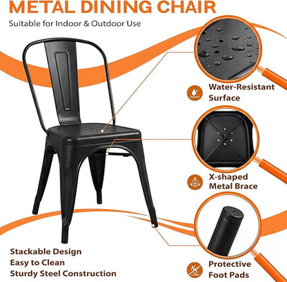 Shahoo Metal Dining Chairs Classic Iron Stackable Industrial Vintage Trattoria with Back, Indoor-Outdoor Side Settee for Home Bistro Cafe Kitchen Restaurant Set of 4, Black