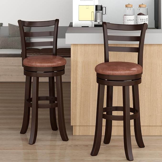 Giantex Swivel Bar Stools Set of 2, 30" Upholstered Counter Height Bar Chairs w/High Backrest, Faux Leather Seat, Solid Rubber Frame & Wrap-Around Footrest, Wooden Barstools for Kitchen Island, Pub