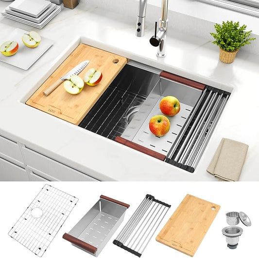 LQS 32 Inch Undermount Kitchen Sink, 32” x 19” Stainless Steel Kitchen Sink, Undermount Sinks, Handmade Deep Single Bowl Sinks with R10 Round Corner and Abundant Accessories