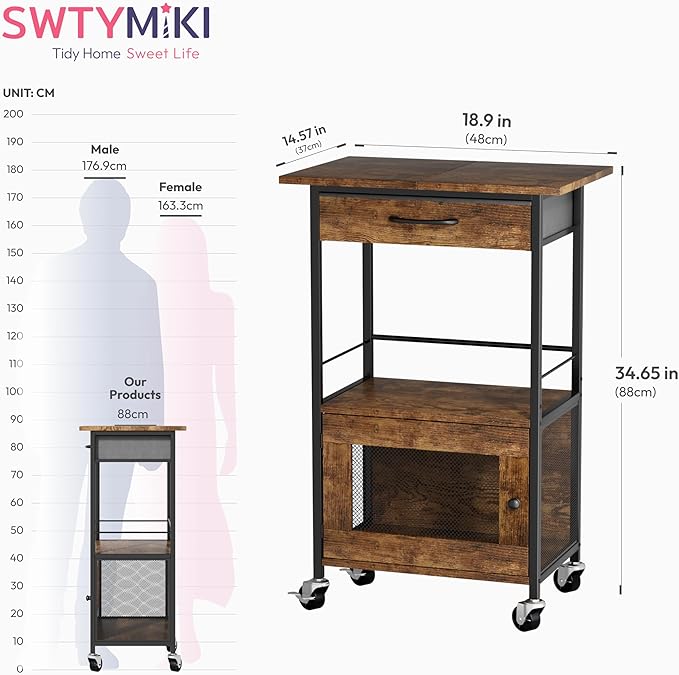 SWTYMIKI Buffets Coffee Bar Cabinet - Rolling Kitchen Rack, Farmhouse Small Coffee Stand with Storage Drawer and Door Cabinet - Kitchen Microwave Stand for Apartment, Living Room, Entryway, Espresso