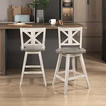 Lexicon Counter Height Stools Set of 2-Solid Wood Frame 360° Swivel Wooden Stools, Foot Rest, X Back, Wide Seat, Distressed Farmhouse Easy to Clean Finish, 24" SH, Antique White/Grey